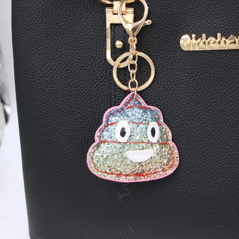 Funny Poop Emoji Glitter Keychain Quirky Rainbow Color Faux Leather Bag Pendant Gold Alloy Clasp Backpack Decoration Unisex Accessory