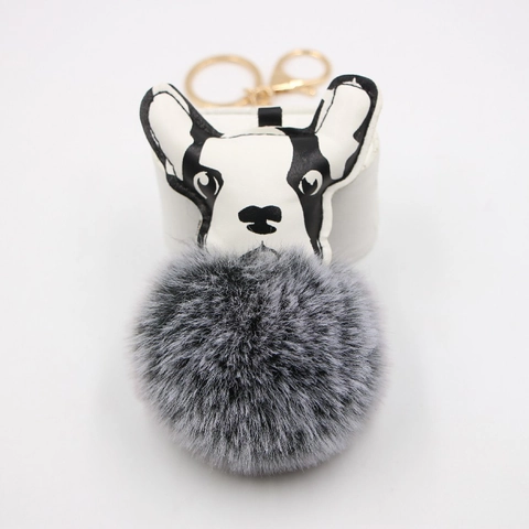 Franse Bulldog Dalmatiër Patroon Pompon Sleutelhanger PU Leer Kunstbont Hond Tas Hanger Voor Vrouwen Meisjes