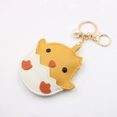 Lindo Llavero de Cuero PU de Pollito Eclosionando para Bolso Mujeres Niños Perla Artificial Cierre de Langosta Dorado Regalo