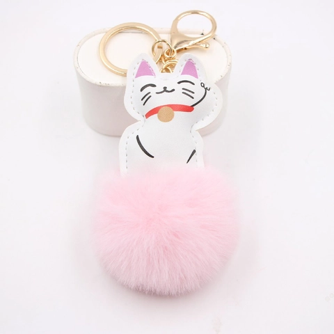 Maneki-neko Glückskatze Schlüsselanhänger Mit Kunstfell Bommel PU Leder Cartoon Tier Tasche Charme Für Damen Mädchen Geschenk