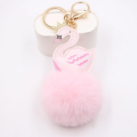 Porte-clés Cygne Mignon en Fausse Fourrure Avec Couronne Dorée Charme de Sac en Cuir Crochet en Alliage pour Femmes