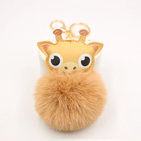 Porte-clés Girafe en Cuir PU Avec Grand Pompon en Fausse Fourrure Anneau de Clé en Alliage Doré Pendentif de Sac Cadeau