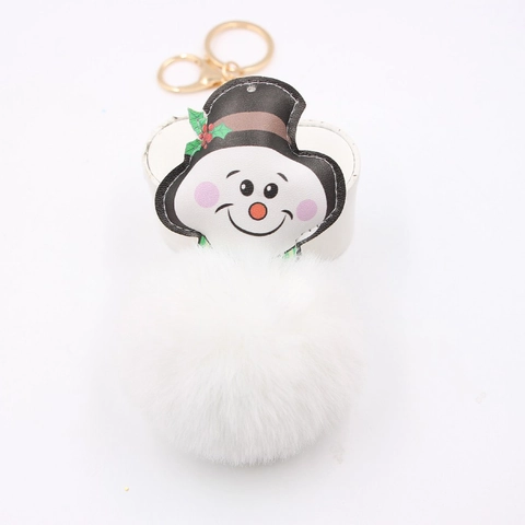 Christmas Snowman Faux Fur Ball Keychain Plush Pompom Bag Pendant Alloy Leather Xmas Holiday Accessory Gift For Women