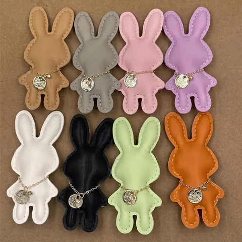 Cute PU Leather Rabbit Pendant With Gold Metal Chain Rhinestone Decoration Phone Case Accessory Keychain Bag Hanging Ornament