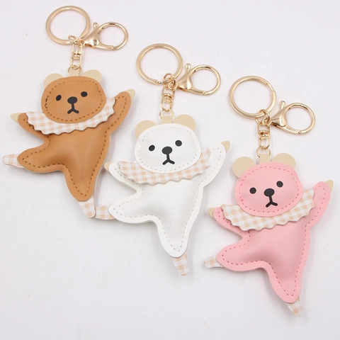Süßer Cartoon Tanzender Bär PU Leder Schlüsselanhänger Karierter Schal Tier Taschenanhänger Mit Goldenem Metallring Für Damen Kinder