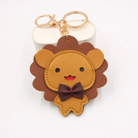 Cartoon Lion Head PU Leather Keychain Bag Pendant For Women Girl Handbag Decoration Cute Animal Key Ring Car Ornament