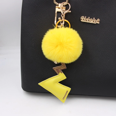 Cartoon Yellow Lightning Tail Fur Ball Keychain PU Leather Bag Pendant Decorative Hanging Accessory For Women Girls Gift