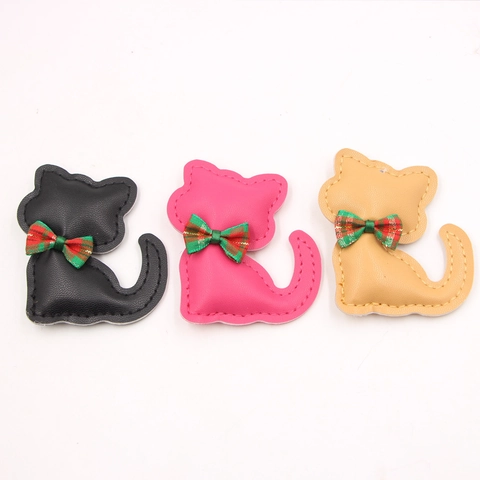 Cute Cartoon Cat PU Leather Bag Charm For Women DIY Phone Case Accessories Plaid Bow Decorative Pendant Handbag Hanging Ornament