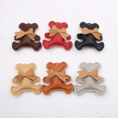 Cute Cartoon Bear PU Leather DIY Accessory With Bow Tie For Phone Case Bag Keychain Handmade Craft Decoration Sweet Style