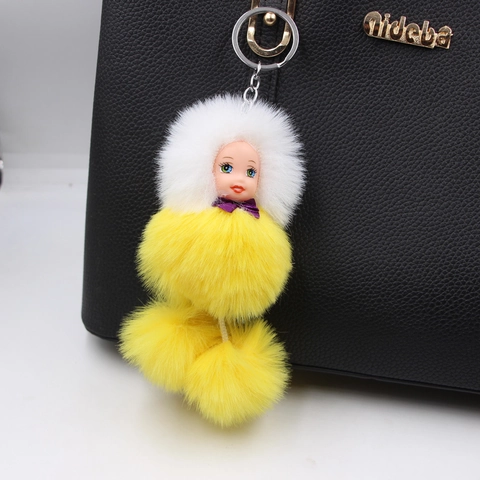 Cute Sleeping Doll Plush Pom Pom Keychain For Women Soft Artificial Fur Ball Bag Pendant Alloy Metal Key Ring Girls Gift Accessory