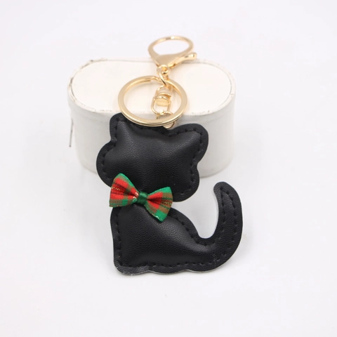 Simpatico Portachiavi a Forma di Gatto in Pelle PU Con Papillon a Quadri Chiusura Dorata per Accessorio Ciondolo Borsa Donna Ragazze