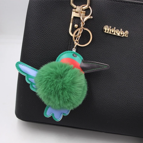 Kolibrie Pluche Bal Sleutelhanger Kunstbont PU Leer Vogel Tas Hanger Voor Dames Legering Sleutelring Accessoires