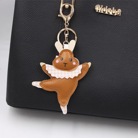 Porte-clés Lapin de Ballet en Cuir Pendentif Dessin Animé Animal en Cuir PU Charme de Sac pour Femmes Filles Cadeau de Porte-clés