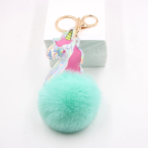 Holographic Unicorn Faux Fur Ball Keychain Alloy Charm Fluffy Pom Pom Bag Pendant For Women Girls Backpack Accessory Gift