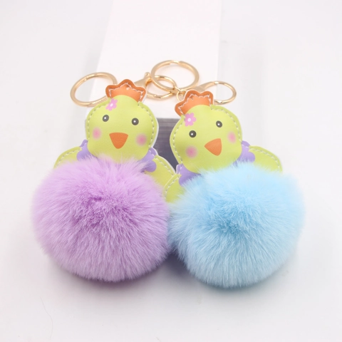 Lindo Llavero de Bola de Peluche de Pollito de Dibujos Animados Para Bolso Colgante de Animal de Piel Sintética Con Anillo