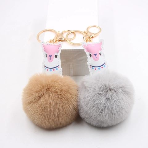 Porte-clés Pompon en Fausse Fourrure Alpaga Mignon Pendentif de Sac Animal en Cuir PU Anneau en Alliage pour Femmes