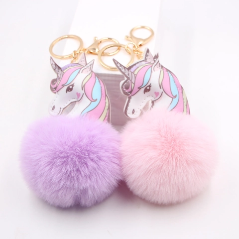 Unicorn Pompom Keychain Faux Fur Ball Bag Pendant Alloy Lobster Clasp Cartoon Animal Key Ring For Women Girls Gift