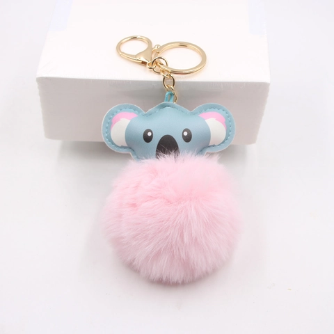Schattige Cartoon Koala Leer Pluche Pompon Sleutelhanger Voor Dames Meisjes Tas Charm Hanger Nepbont Bal Sleutelring Accessoires