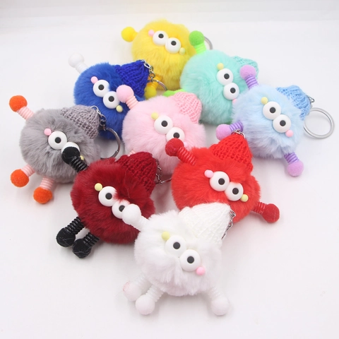Quirky Monster Plush Keychain With Knitted Hat Large Eyes Soft Faux Fur Bag Charm For Women Kids Backpack Hanging Decor