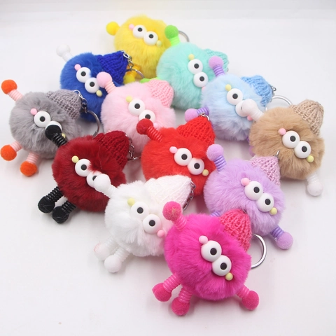Quirky Monster Plush Keychain With Knitted Hat Large Eyes Soft Faux Fur Bag Charm For Women Kids Backpack Hanging Decor