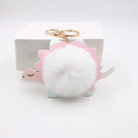 Porte-clés Dinosaure en Peluche avec Pompon en Fausse Fourrure et Pendentif en Cuir PU pour Sac à Dos Femme