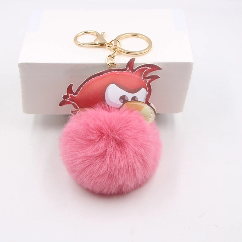 Portachiavi con Palla di Peluche in Pelliccia Sintetica e Toppa in Ecopelle a Forma di Uccello Chiusura a Moschettone in Lega Dorata