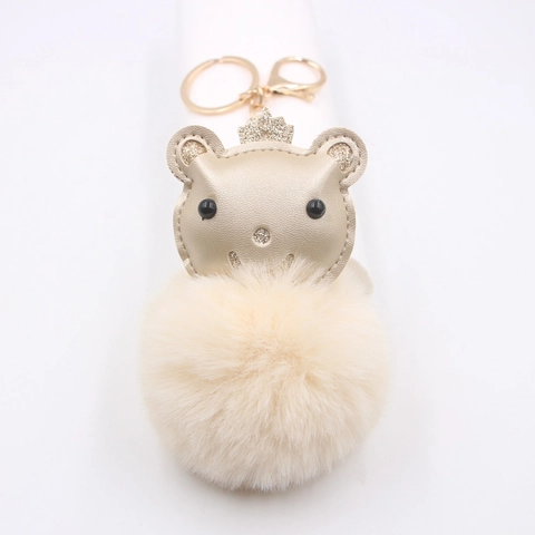 Cute Bear Faux Fur Pompom Keychain With Golden Crown Synthetic Leather Bag Charm Decorative Keyring Hanging Ornament For Women