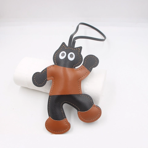Cartoon Cat Synthetic Leather Bag Charm Contrast Stitching Animal Doll Keychain For Couples Handbag Backpack Pendant Decoration