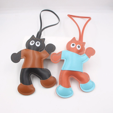 Cartoon Cat Synthetic Leather Bag Charm Contrast Stitching Animal Doll Keychain For Couples Handbag Backpack Pendant Decoration