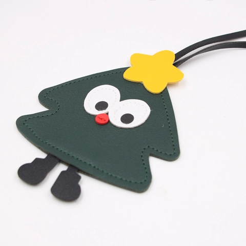 Cute Christmas Tree Expression Artificial Leather Bag Charm Keychain Pendant Dark Green Festive Accessory Xmas Gifts