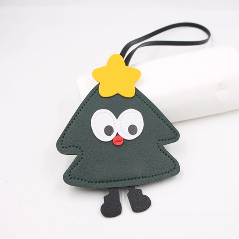 Cute Christmas Tree Expression Artificial Leather Bag Charm Keychain Pendant Dark Green Festive Accessory Xmas Gifts