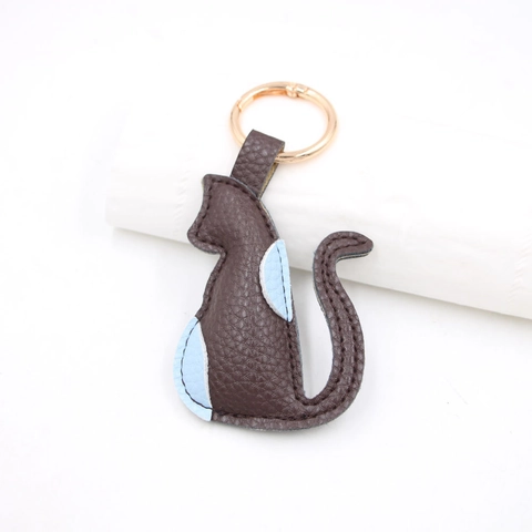 Portachiavi Creativo a Forma di Gatto in Pelle PU Marrone Motivo Litchi Animale Ciondolo Borsa Anello a Molla in Metallo Regalo Accessori Moda