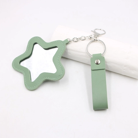 PU Leather Pentagram Star Makeup Mirror Keychain Portable Cute Bag Pendant Car Key Ring Fashion Jewelry Gift For Women