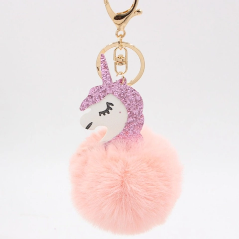 Schattige Eenhoorn Pompon Sleutelhanger Voor Vrouwen Meisjes Kunstkonijnenbont Bal Pailletten Glitter Paardenhoofd Charm PU Leer Tas Hanger Mode Cadeau