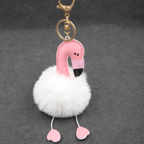 Flamingo Pom Pom Keychain Faux Fur Bag Pendant Pink PU Leather Animal Design Gold Lobster Clasp Women Jewelry Accessory