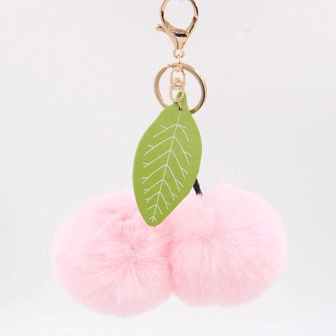 Cute Cherry Faux Fur Pom Pom Keychain With Green Leaf Alloy Lobster Clasp Fruit Bag Charm For Women Bag Accessory