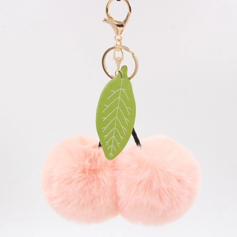 Cute Cherry Faux Fur Pom Pom Keychain With Green Leaf Alloy Lobster Clasp Fruit Bag Charm For Women Bag Accessory