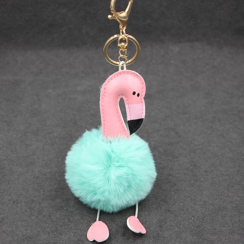 Flamingo Pom Pom Keychain Faux Fur Bag Pendant Pink PU Leather Animal Design Gold Lobster Clasp Women Jewelry Accessory