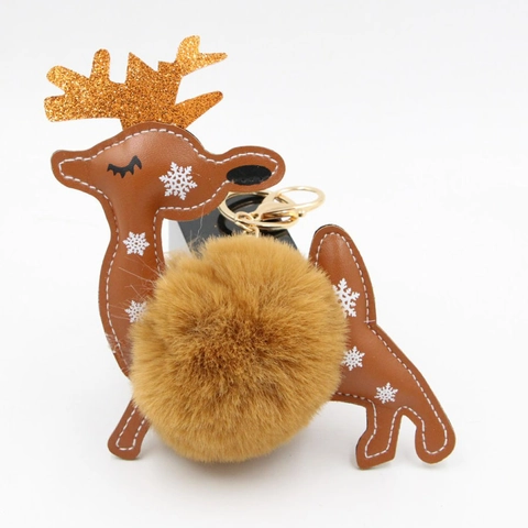 Porte-clés en Cuir PU Renne de Noël Avec Grande Décoration Pompon en Fourrure Artificielle Paillettes Bois Motif de Flocon de Neige Accessoire