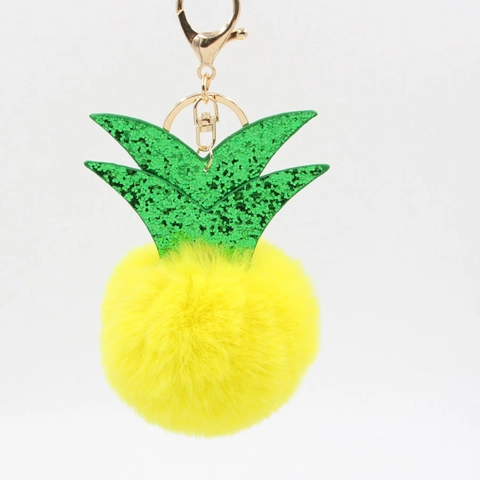Creative Pineapple Shape Faux Fur Pom Pom Keychain With Sequin Leaves Gold Metal Clasp Women Bag Pendant Accessories Gift