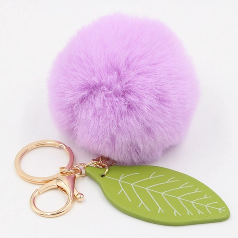 Porte-clés Pompon en Fausse Fourrure de Lapin Avec Pendentif Feuille Boule de Peluche Douce Bijou de Sac Anneau en Alliage Doré
