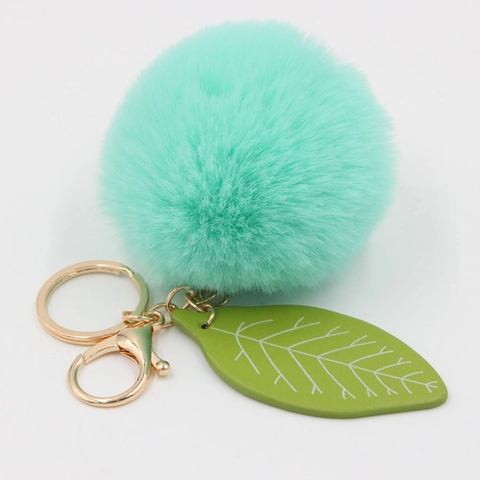 Porte-clés Pompon en Fausse Fourrure de Lapin Avec Pendentif Feuille Boule de Peluche Douce Bijou de Sac Anneau en Alliage Doré