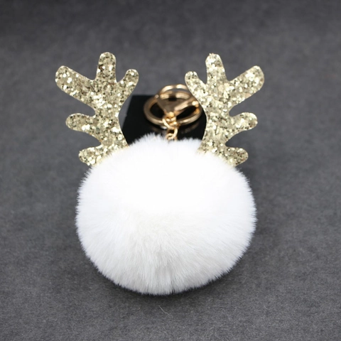 Portachiavi Palla di Pelliccia Sintetica con Corna di Natale Simpatico Ciondolo Borsa Pom Pom con Corna di Renna con Paillettes