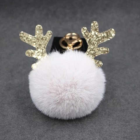 Portachiavi Palla di Pelliccia Sintetica con Corna di Natale Simpatico Ciondolo Borsa Pom Pom con Corna di Renna con Paillettes