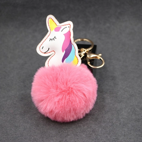 Portachiavi a Sfera in Pelliccia Sintetica con Unicorno Cartone Animato Ciondolo per Borsa in Peluche Lega Oro Donna