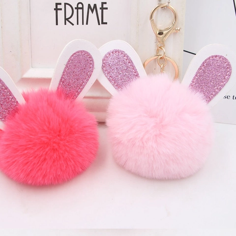 Cute Bunny Ear Plush Pom Pom Keychain For Women Faux Rex Rabbit Fur Glitter Ears Bag Charm Car Key Ring Accessory Gift