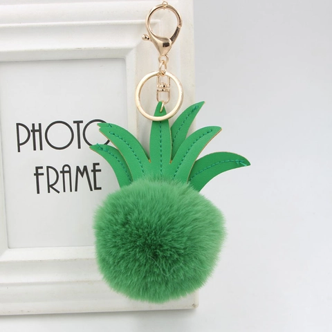 Cute Faux Fur Pineapple Pom Pom Keychain Fruit Bag Charm With PU Leather Leaves Metal Lobster Clasp Women Key Ring Gift