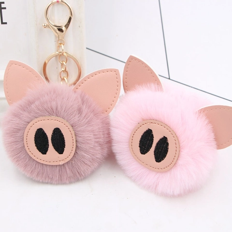 Porte-clés Pompon en Fausse Fourrure de Cochon de Dessin Animé pour Femmes Filles Pendentif de Sac Cadeau Peluche Douce Accessoire de Mode