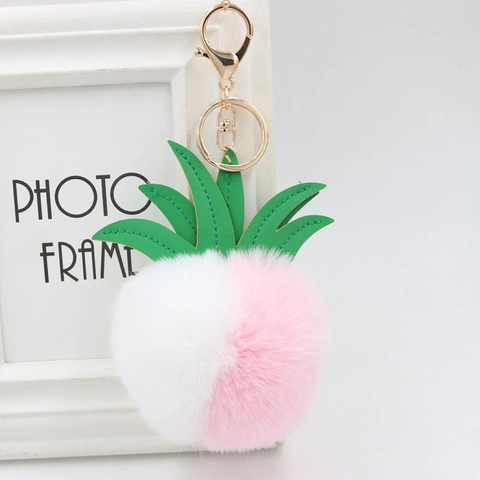 Cute Faux Fur Pineapple Pom Pom Keychain Fruit Bag Charm With PU Leather Leaves Metal Lobster Clasp Women Key Ring Gift