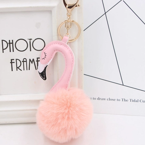 Portachiavi con Pon Pon di Peluche Fenicottero per Donna Ciondolo Borsa in Pelle PU Animale Regalo Ragazza Decorazione Auto